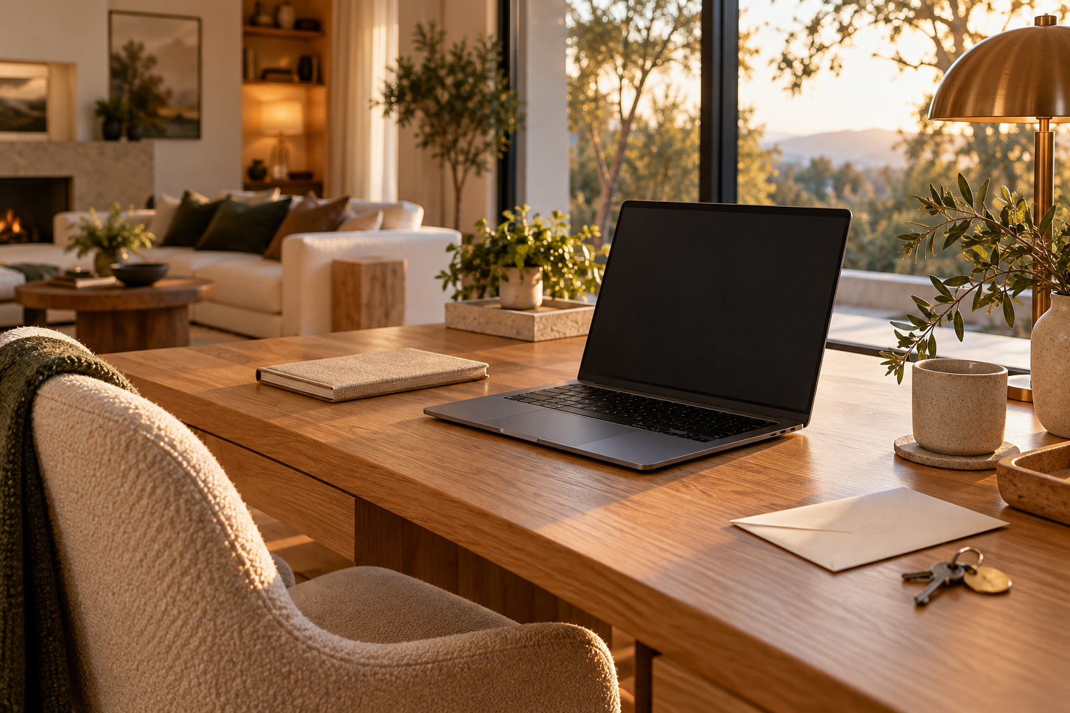 A laptop, notebook and envelope on a timber desk in a living room