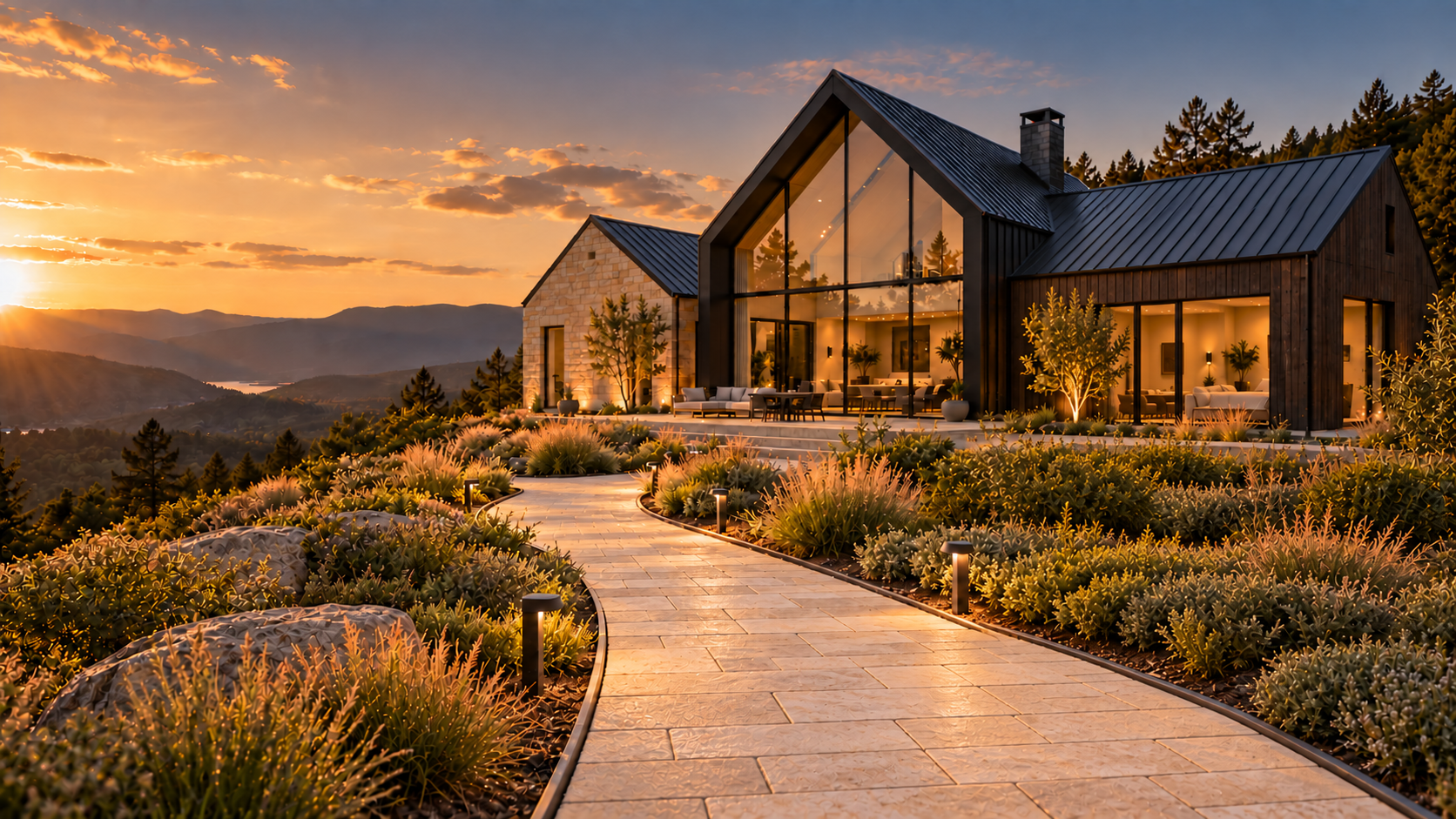 Finished paved path leading to the completed house at sunset