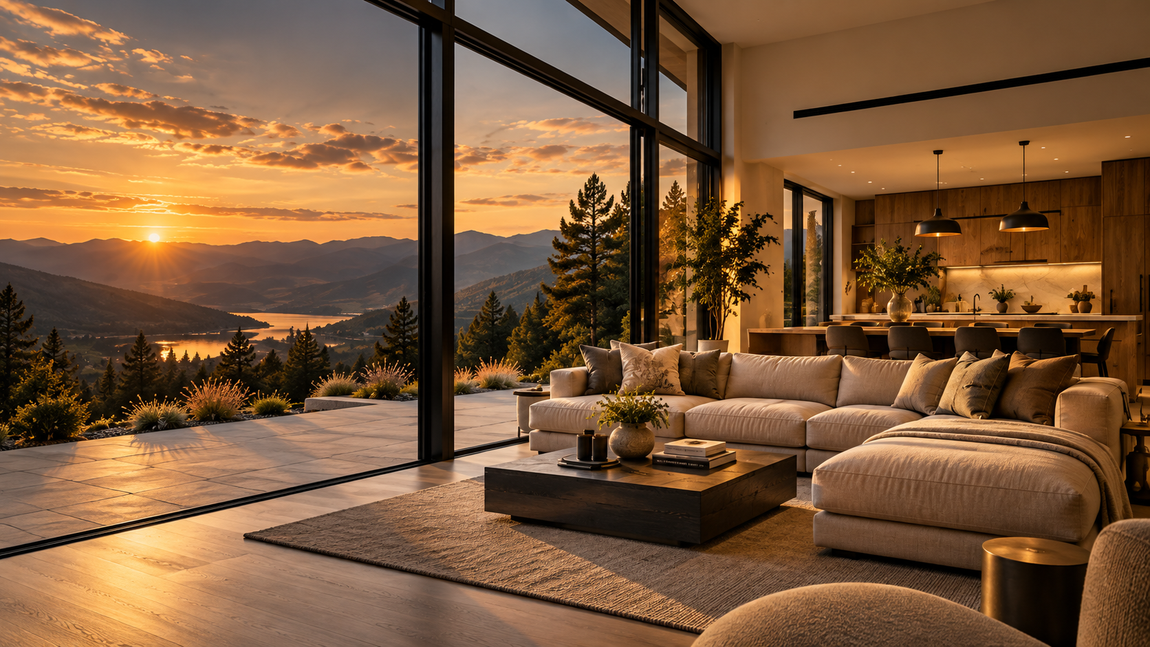 Open-plan living room and kitchen with a view of the valley at sunset