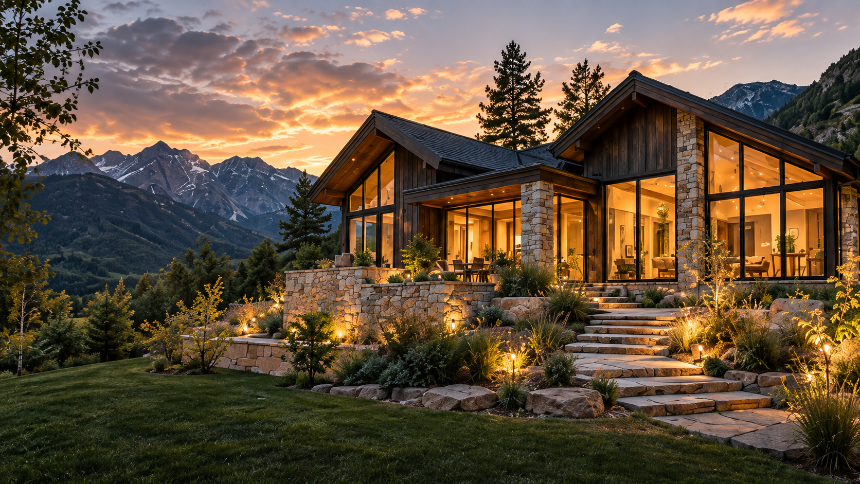 Timber and stone mountain home at sunset with lit stone steps