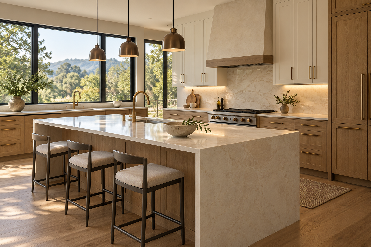 Illustrative kitchen with a stone-topped island, oak and painted cabinetry and brass pendant lights